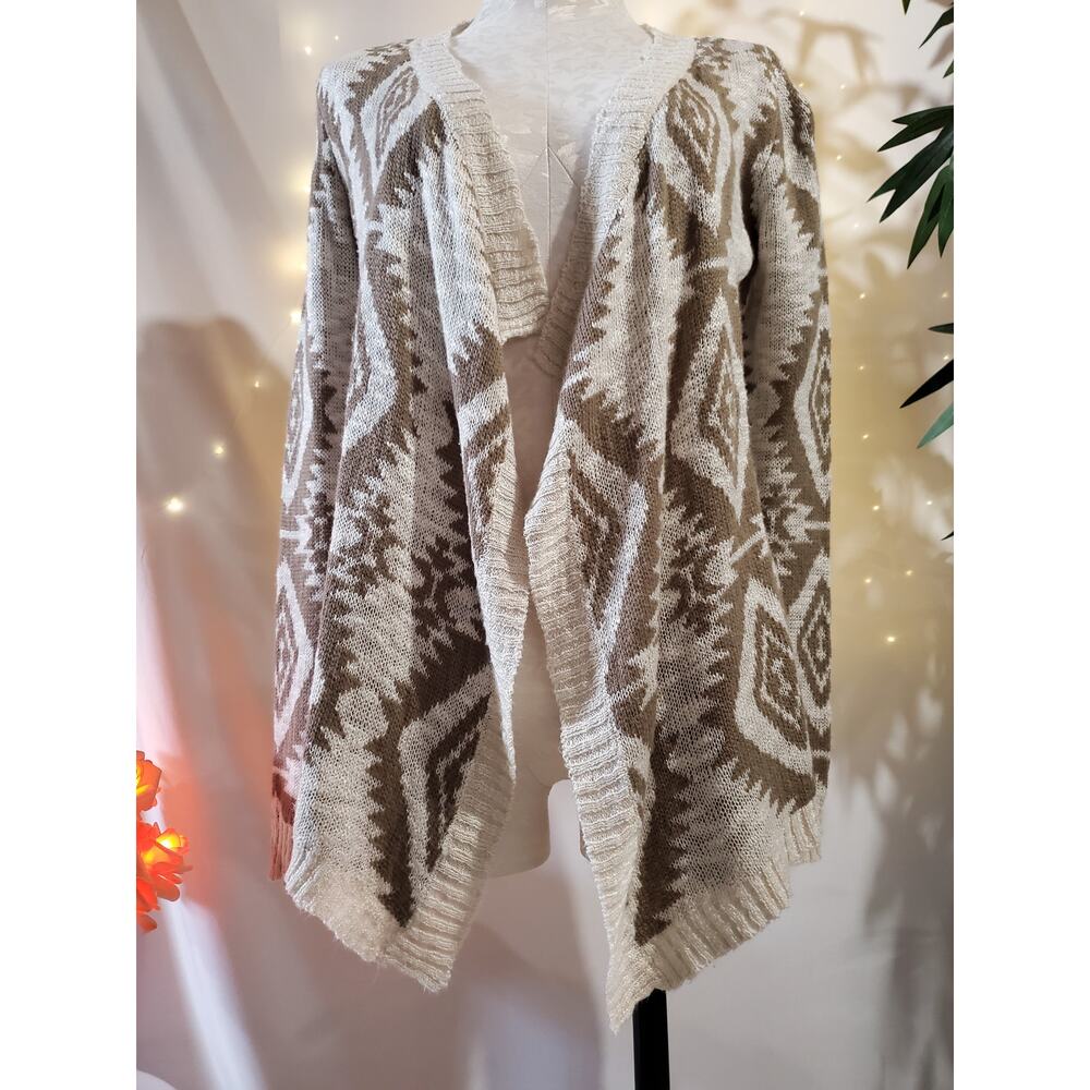 Arizona Aztec Diamond Neutral Tan Cream Open Cardigan Sweater Womens Size S - Picture 3 of 13